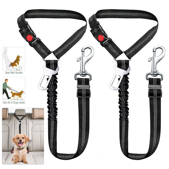 YDmeet Dog Seat Belt for Car, Adjustable Nylon Backseat Harness, Shock-Absorbing & Anti-Jerk Safety Tether, 2-Pack, Black