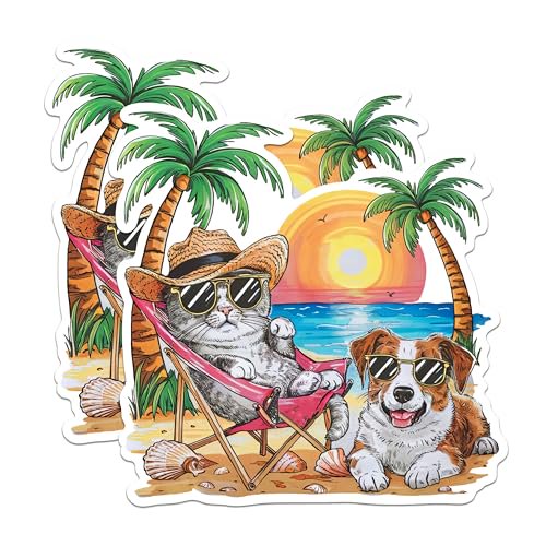 (2 Pack) Dog and Cat Chilling On The Beach - Ocean and Sea and Pets - Pet Lover - 5 Inches On Longest Side - Premium Magnet - for Cars, Refrigerators, Toolboxes - Made in USA - MAG1723