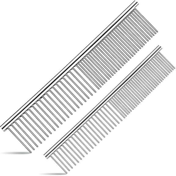 2 Pack Dog Combs with Rounded Ends Stainless Steel Teeth, Cat Comb for Removing Tangles and Knots, Professional Grooming Tool for Long and Short Haired Dog, Cat, 6.5IN/7.5IN