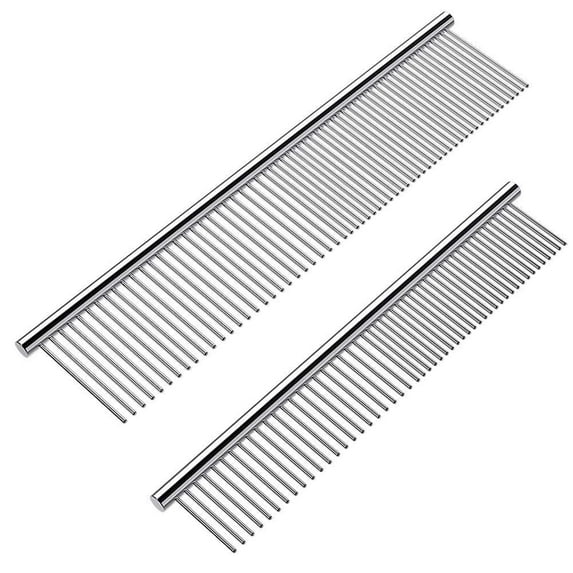 2 Pack Dog Combs with Rounded Ends Stainless Steel Teeth, Cat Comb for Removing Tangles and Knots, Professional Grooming Tool for Long and Short Haired Dog, Cat and other pets, 6.3IN/7.4IN