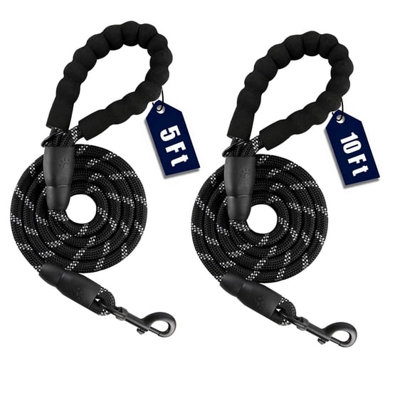 2 Pack Dog Leash, 5FT and 10FT Heavy Duty Nylon Rope Leashes with Comfortable Padded Handle, Highly Reflective Threads for Night Safety, Strong Lead for Medium to Large Breed Dogs, Black