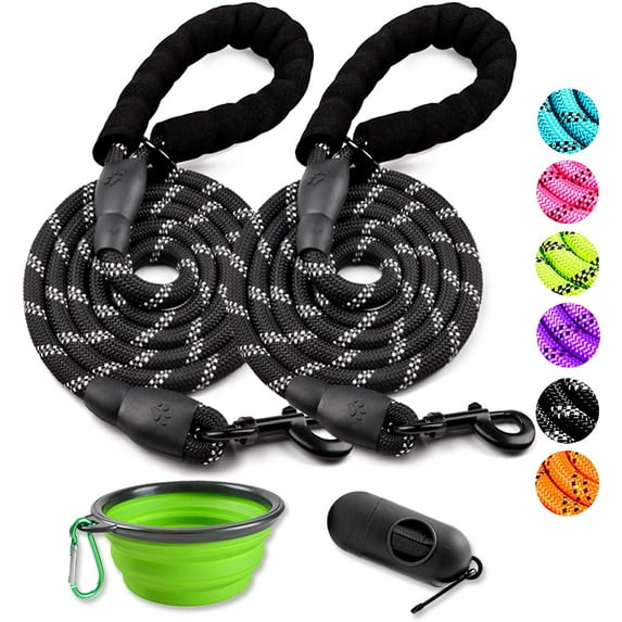 2 Pack Dog Leash-Collapsible Pet Bowl-Poop Bag Holders,Long Heavy Duty Dog Training Leashes for Small Medium Large Breed Dogs,5 FT Comfortable Padded Handle Reflective Chew Proof Rope Dog Leash