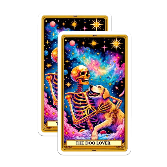 (2 Pack) Dog Lover Skeleton Stickers - Tarot Card Pet Owner - Vibrant Cosmic Art Decal - 5" On Longest Side - Sticks to Smooth Flat Surfaces - Made in USA - BMCS25584