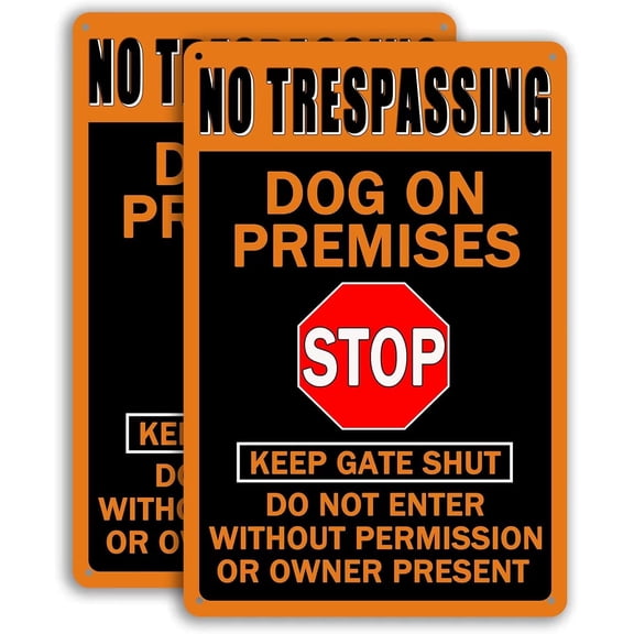 (2 Pack) Dog On Premises Tin Sign - Beware Of Dog Signs For Fence, No Trespassing Warning, Stop Keep Gate Shut, Do Not Enter 12 X 8 Inch