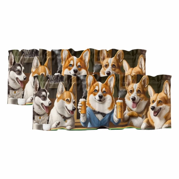 2 Pack Dog Playing Billiards Valance for Window Funny Animal Dog Kitchen Valance Rod Pocket Short Curtain Topper Decorative Window Treatment for Living Room Bedroom 54"x18"