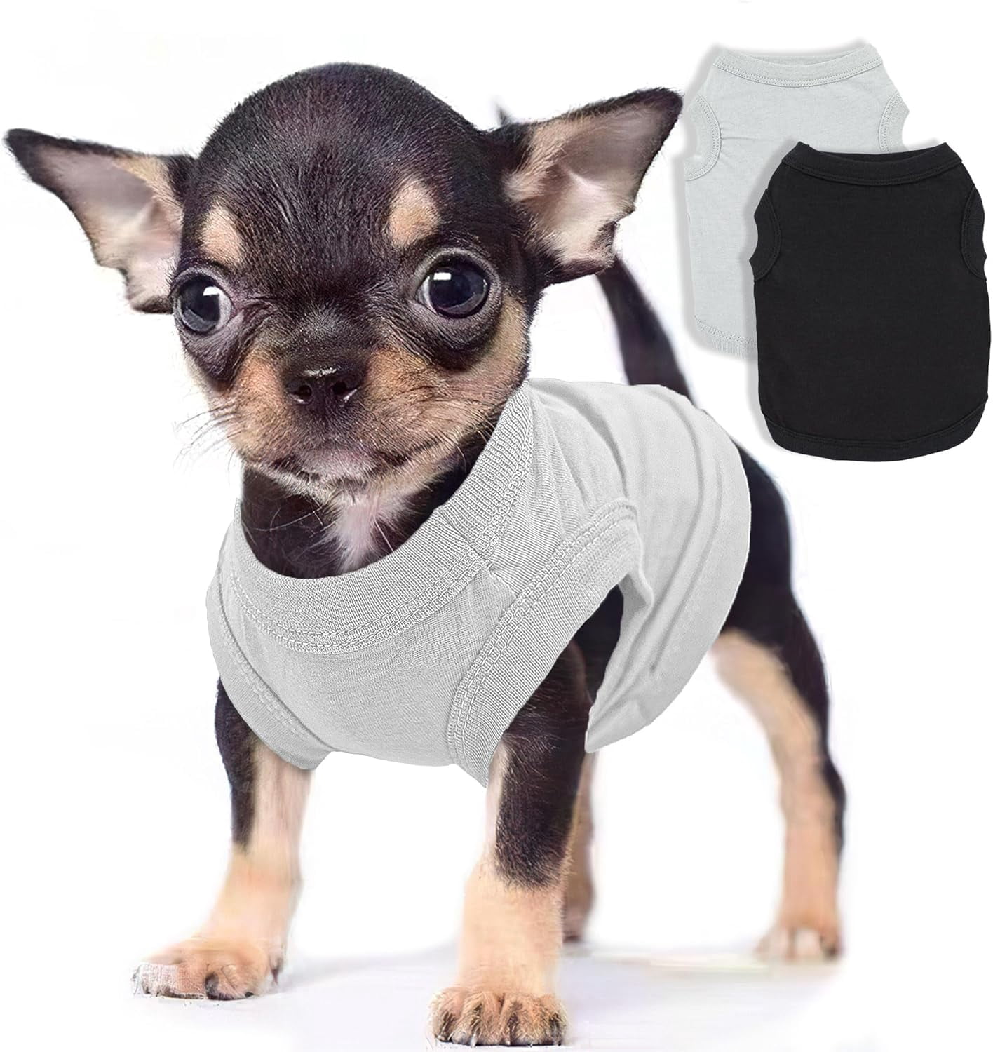 2-Pack Dog Shirts Summer Dog Clothes for Small Medium Dogs Boy, Teacup, Chihuahua, Yorkie, Pug and Cats, Solid Color Pet Tshirts Puppy Clothes, Small, Black+ Grey