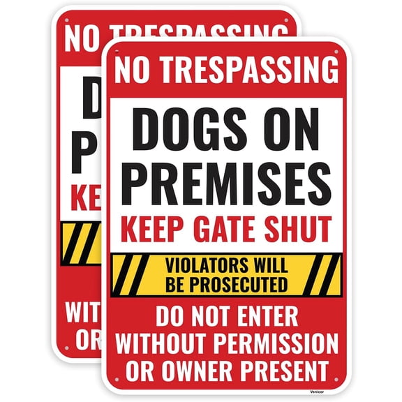 2 Pack Dogs On Premises Sign, 12 x 8 Inches - Aluminum - Beware Of Dogs Signs For Fence Warning Guard Dog Present On Duty Security/Without a frame
