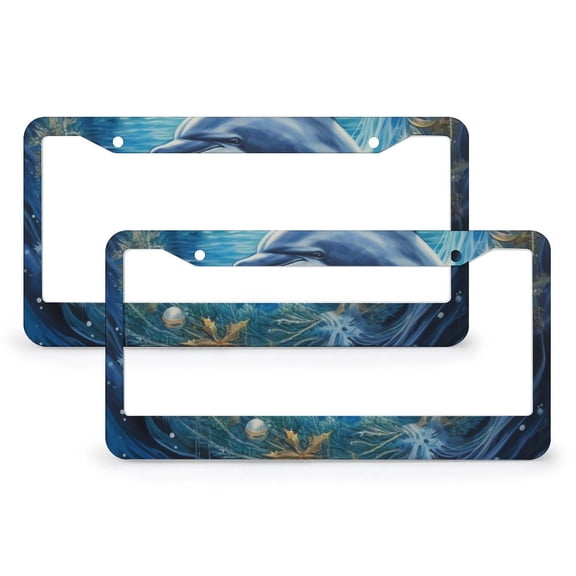 2 Pack Dolphin Poster Xmas License Plate Frame Dolphin Lover License Plate Frames Cover Holders Metal 2 Holes Funny Cute for USA Canada Vehicles