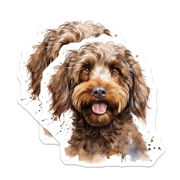 (2 Pack) Doodle Dog Stickers - Watercolor Puppy Art - Happy Doggo Decal for Pet Parents Animal Lovers - 5" On Longest Side - Sticks to Smooth Flat Surfaces - Made in USA - BMCS25456