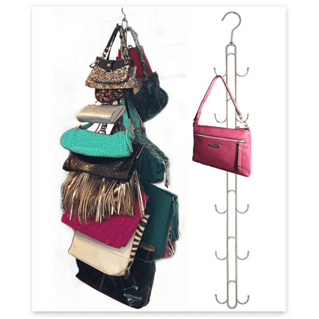 2-Pack Over Door Hanging Purse and Accessory Storage - DURABLE, Holds 50 POUNDS, ROTATES 360 for easy access; Purses, Handbags, Satchels, Crossovers, Backpacks,12 Hooks, Chrome (Set of 2)