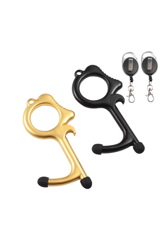 2-Pack Door Opener, Touchless Clean Key With Retractable Keychain (Gold/ Black)