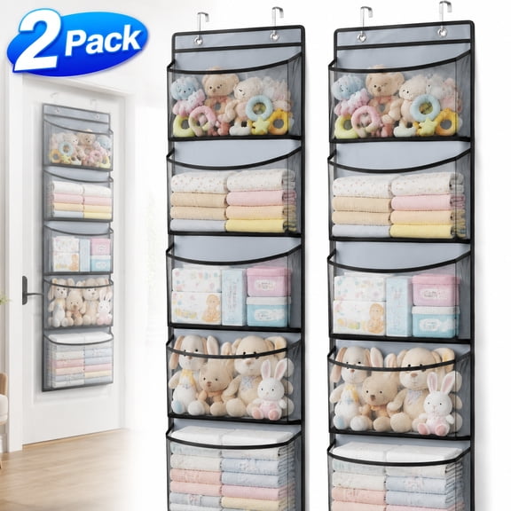 2 Pack Over The Door Organizer with 5 Large Pockets Foldable Hanging Closet Storage Baby Essentials Sundries Stuffed Animal Storage with 2 Metal Hooks