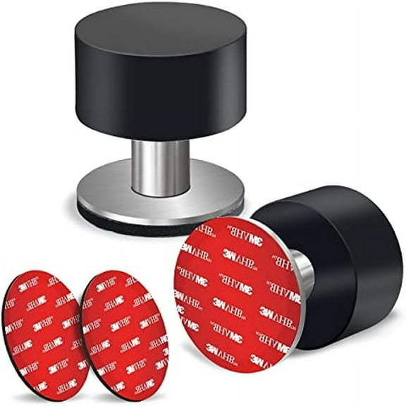 2 Pack Door Stoppers Stop with Extra Stickers, Self-Adhesive Door Stops with Black Rubber Bumper & Stainless Steel Body - Heavy Duty Door Knob Wall Protector Sound Dampening for Home & Office Use