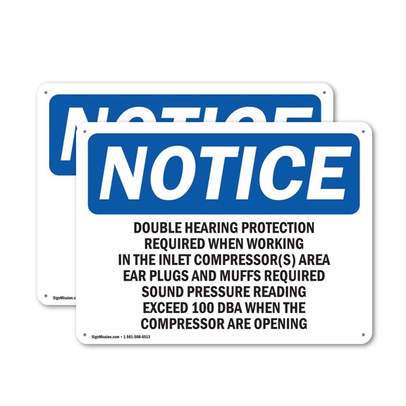 (2 Pack) Double Hearing Protection Required When OSHA Notice Sign 14 Inch X 10 Inch Plastic Sign, Weather Resistant, UV Protected for Workplace, Business, and Construction Site, Made in