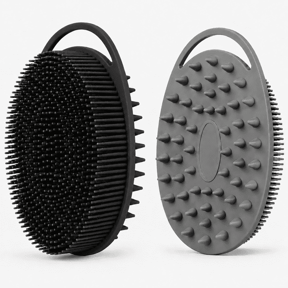 AIMAIAIMAI Double-Sided Silicone Body Scrubber Bath Brush, 2 Count, Black and Gray