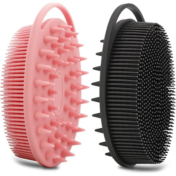 AIMAIAIMAI 2-Pack Silicone Body Scrubber | Dual-Sided Silicone Loofah & Scalp Massager | Hygienic, Quick-Drying Bath Brush for All Ages (Pink & Black)