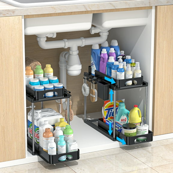 2 Pack Double Sliding Under Sink Organizer,GPED Adjustable Height Bath Under Cabinet Organizer and Storage, Multi-Purpose Cabinet Basket Storage Shelf for Kitchen Bathroom