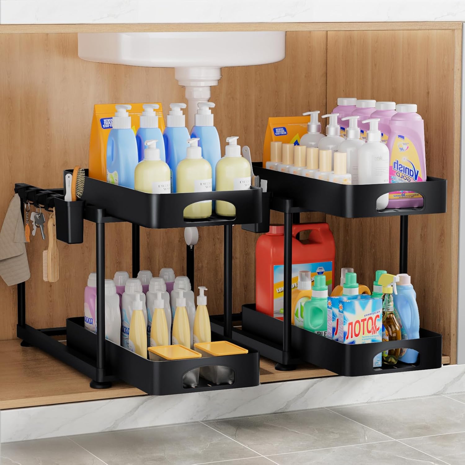 2 Pack Double Sliding Under Sink Organizers and Storage, 2 Tier ...