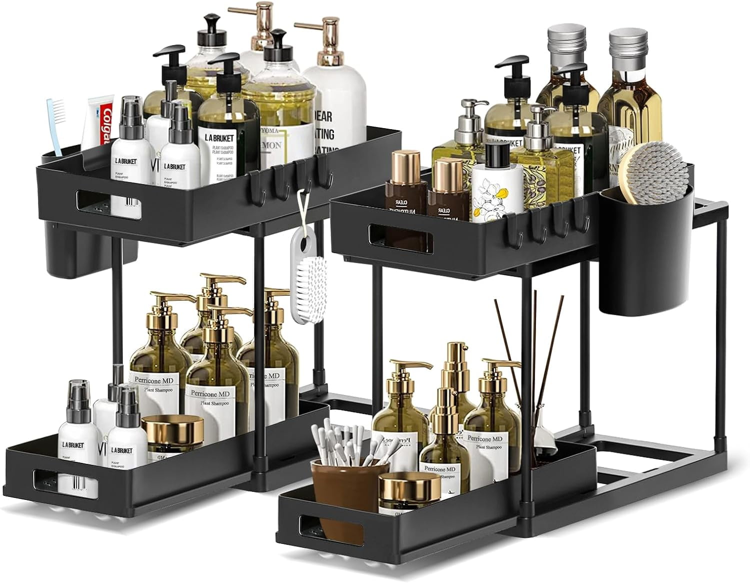 Black Double Sliding 2-Tier Under Sink Organizer with Hooks