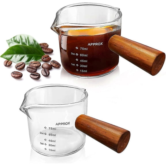 2 Pack Double Spouts Measuring Cup With Wooden Handle, Milk Cup 75ml, Espresso Shot Glasses