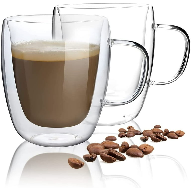 2 Pack Double Walled Insulated Glass Coffee Mugs, 15 oz Clear Glass Mug  with Handle for Espresso Latte Tea Milk 