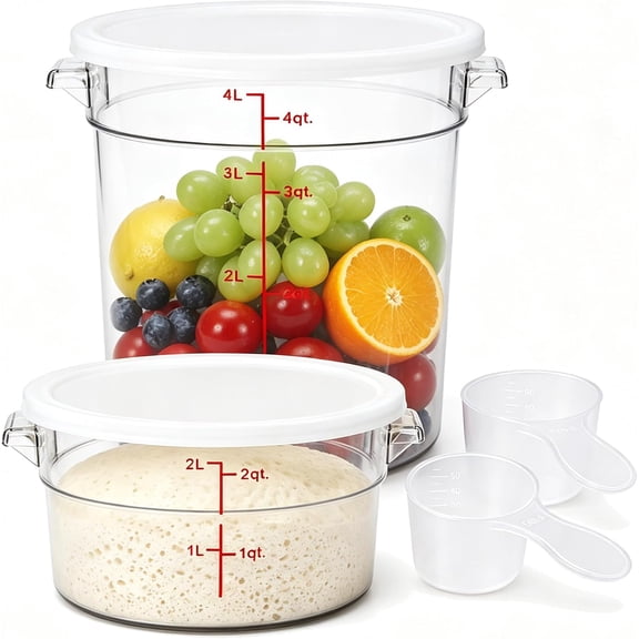 2 Pack Dough Proofing Container with Lid, Round Clear Bread Rising Bucket | (2 Qt,4 Qt), White, Sourdough Fermentation Container with Measuring Scoop for Beginner Bakers, Kitchen & Bakery