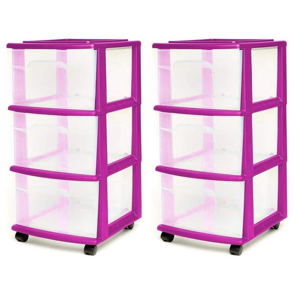 2-Pack Drawer Tower, 3-Tier Clear Plastic Storage Organizer Cart, Purple Frame 2 Pack
