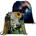 2 Pack Drawstring Backpack Bags, Cow Sunflower Wooden Board Waterproof