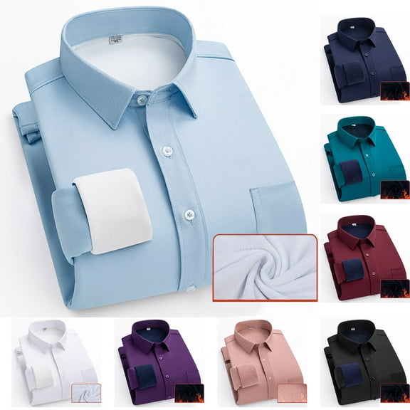 2 Pack Dress Shirts for Men Long Sleeve Fleece Lined Button-Down Tshirts Shirt with Pocket and Collar Business Casual Slim Solid Color Thermal Work Tops