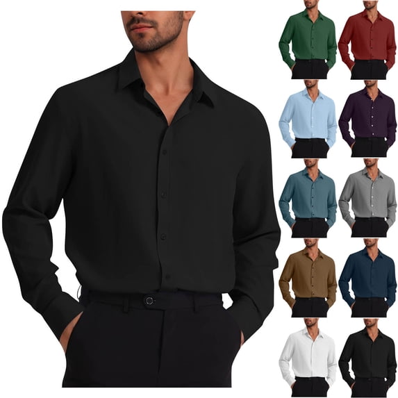 2 Pack Dress Shirts for Men Long Sleeve Button-Down Collared Tshirts Shirt Men Business Casual Solid Color Breathable Lapel Office Workwear Tops