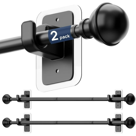 2 Pack No Drill Curtain Rods for Window 28 to 48 Inches, 5/8 Inch Diameter Renter Friendly Drapery Rod with Adhesive Brackets without Drilling, Adjustable from 27 52 Black
