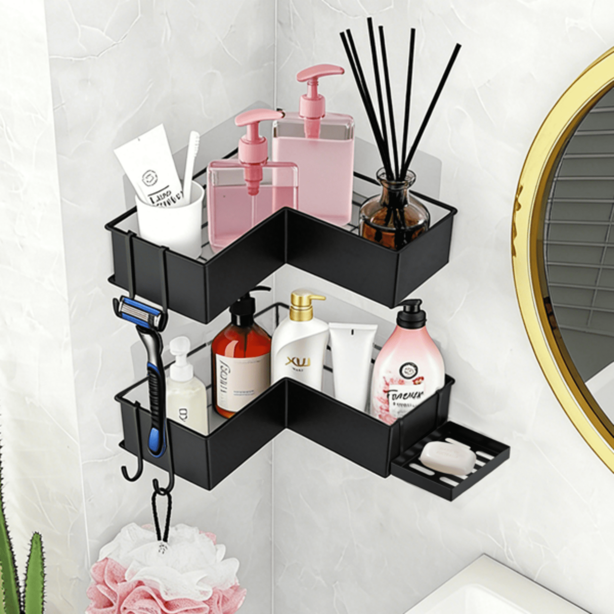 2 Pack Drill-Free Adhesive Corner Shower Caddy Organizer with Soap Holder and 4 Hooks