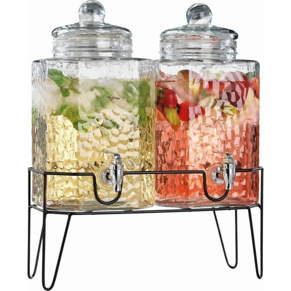 2-Pack Drink Dispenser 1.5 Gallon Hammered Glass Drink Dispensers with Metal Stand