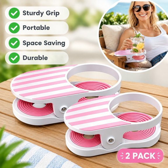 2-Pack Drink Holder, Clip On Cup Holder for Sofa and Beach, Pink