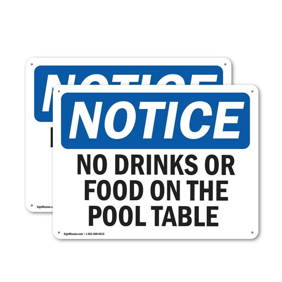 (2 Pack) No Drinks Or Food On Pool Table OSHA Notice Sign 10 Inch X 7 Inch Plastic Sign, Weather Resistant, UV Protected for Workplace, Business, and Construction Site, Made in the USA