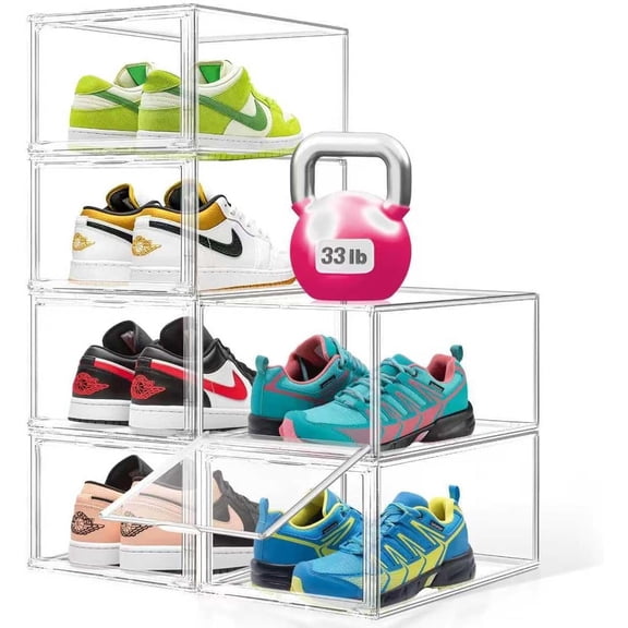 2 Pack Drop Front  Shoe Boxes with  Door Fit  Size 12, Clear Stackable Shoe Organizer for Closet, Entryway, Underbed, Multiple Display Cases for Hats, Figures, Sneakers