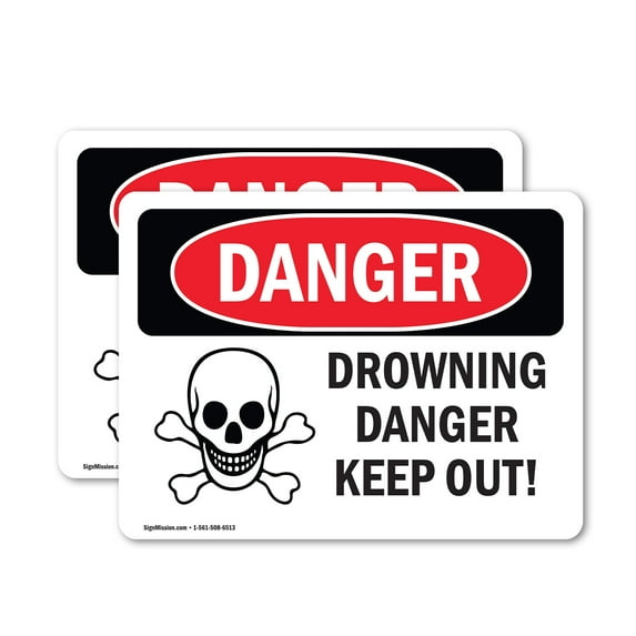 (2 Pack) Drowning Danger Keep Out! OSHA Danger Sign 18 Inch X 12 Inch Vinyl Label Decal Sticker Weather Resistant, UV Protected for Workplace, Business, and Construction Site, Made in