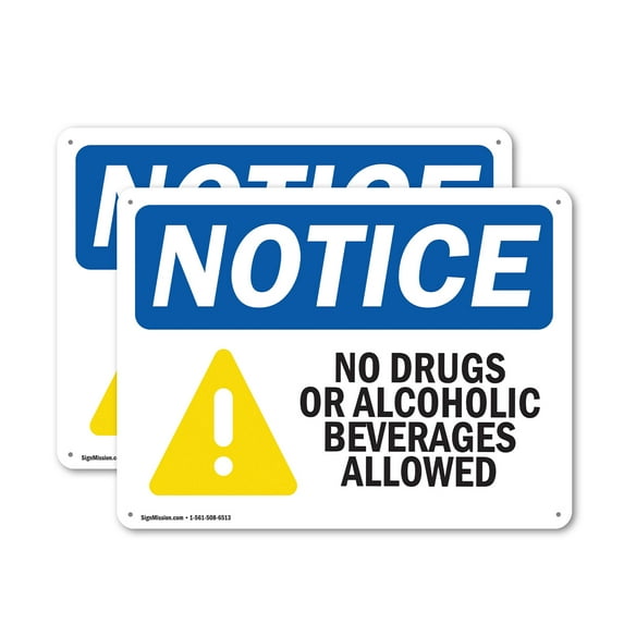 (2 Pack) No Drugs No Alcoholic Beverages Allowed OSHA Notice Sign 10 Inch X 7 Inch Indoor / Outdoor Rust-Free Aluminum Metal Signs for Workplace, Workshop, and Construction Site, Made