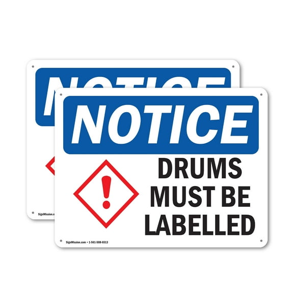 (2 Pack) Drums Must Be Labeled OSHA Notice Sign 14 Inch X 10 Inch Plastic Sign, Weather Resistant, UV Protected for Workplace, Business, and Construction Site, Made in the USA