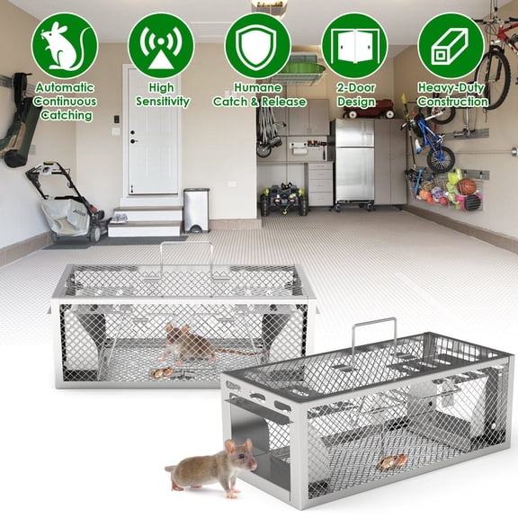 2-Pack Dual Door Continuous Rat Traps, Galvanized Iron, Humane Live Animal Cage, Easy Setup, Indoor Outdoor Use for Home Garden Warehouse