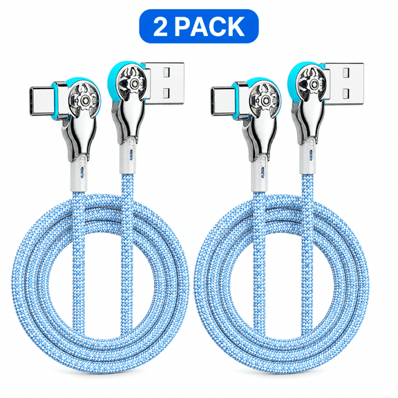 2 Pack Dual Right Angle Rotating Charging Cable, Nylon Braided USB Charger Cord with 180 Degree Swivel Connector, Aqua Blue Phone Data Cable for Desk, Car, Gaming, Travel, and Everyday Charging