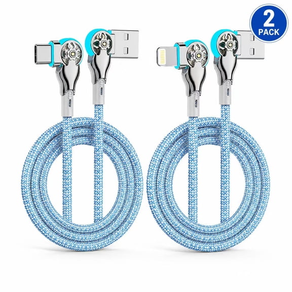 2 Pack Dual Right Angle Rotating Charging Cable, Nylon Braided USB Charger Cord with 180 Degree Swivel Connector, Aqua Blue Phone Data Cable for Desk, Car, Gaming, Travel, and Everyday Charging
