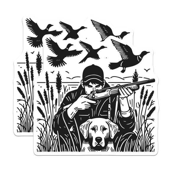 (2 Pack) Duck Hunting Stickers - Waterfowl Hunter Decals - Retriever Dog Art - 5" On Longest Side - Sticks to Smooth Flat Surfaces - Made in USA - BMCS20950