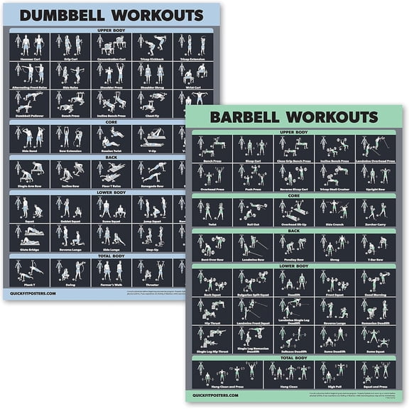 2 Pack Dumbbell Workouts and Barbell Exercise Poster Set - Laminated 2 Chart Set - Dumbbell Exercise Routine & Barbell Workouts [DARK] (LAMINATED, 18 x 24)