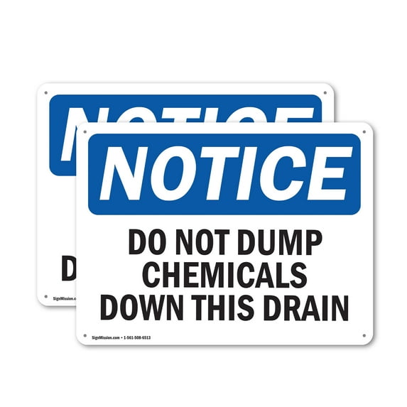 (2 Pack) Do Not Dump Chemicals Down This Drain OSHA Notice Sign 18 Inch X 12 Inch Indoor / Outdoor Rust-Free Aluminum Metal Signs for Workplace, Workshop, and Construction Site, Made in the USA