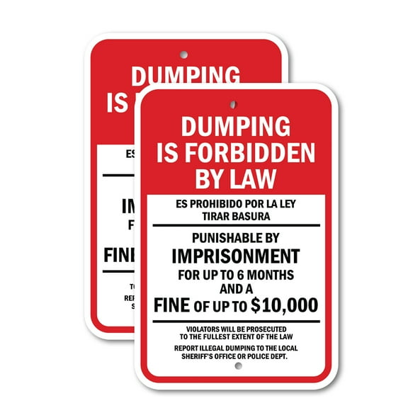 (2 Pack) Dumping Is Forbidden By Law Bilingual | 18" X 24" Heavy-Gauge Aluminum Sign | Rust Free Aluminum, Weather Resistant, Waterproof, Fade Resistant, 2 Pre-drilled Holes