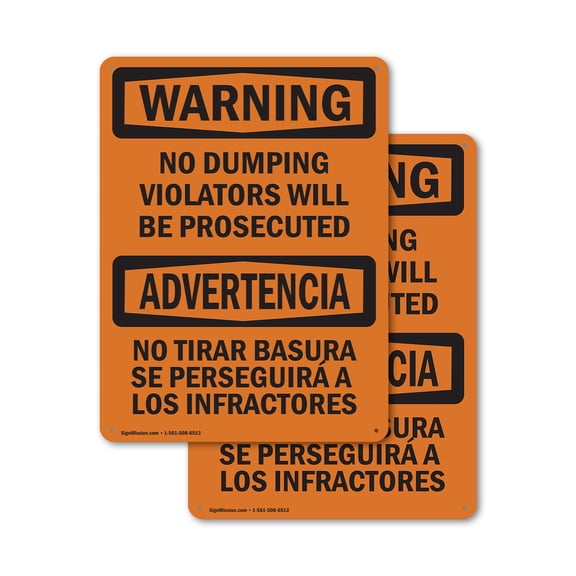 (2 Pack) No Dumping Violators Prosecuted Bilingual OSHA Warning Sign 18 Inch X 24 Inch Plastic Sign, Weather Resistant, UV Protected for Workplace, Business, and Construction Site, Made