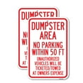 thumbnail image 1 of (2 Pack) Dumpster Area Parking Rule Sign No Parking Within 50 Ft, Unauthorized Vehicles Will Be Ticketed Towed at Owners Expense | 12" X 18" Heavy-Gauge Aluminum Sign | Rust Free, 1 of 4