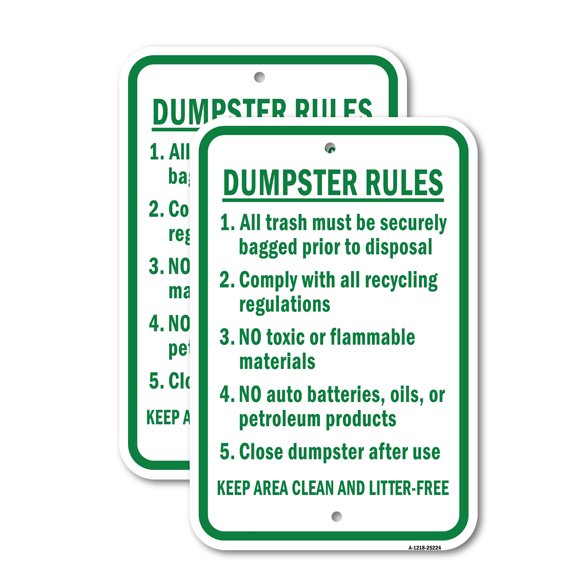 (2 Pack) Dumpster Rules 1. All Trash Must Be Securely Bagge | 12" X 18" Heavy-Gauge Aluminum Sign | Rust Free Aluminum, Weather Resistant, Waterproof, Fade Resistant, 2 Pre-drilled