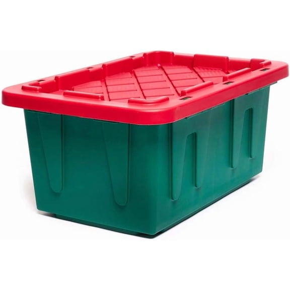 2-Pack Durabilt, Heavy Duty Plastic Storage Bins with Lids, 15 Gallon, Green/Red - Stackable Container Boxes for Holiday, Attic, and Garage Organization